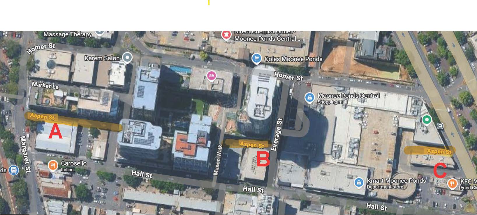 Map of Aspen Street Moonee Ponds labelled with three sections, A-C, and Mason Walk