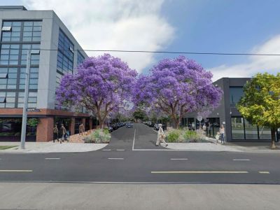 Render of additional greenery and Jacaranda trees on Keilor Road.